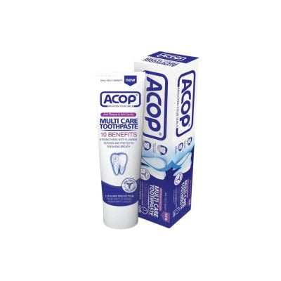 خمیر دندان آکوپ مدل Multi care toothpaste خمیردندان مولتی کریک ترمیم کننده و بازسازی کننده مینای دندان محسوب می‌شود و از پوسیدگی دندان محافظت می‌کند.  با افزایش سرعت ترمیم ورمینریلایز (اضافه شدن مواد معدنی به دندان)